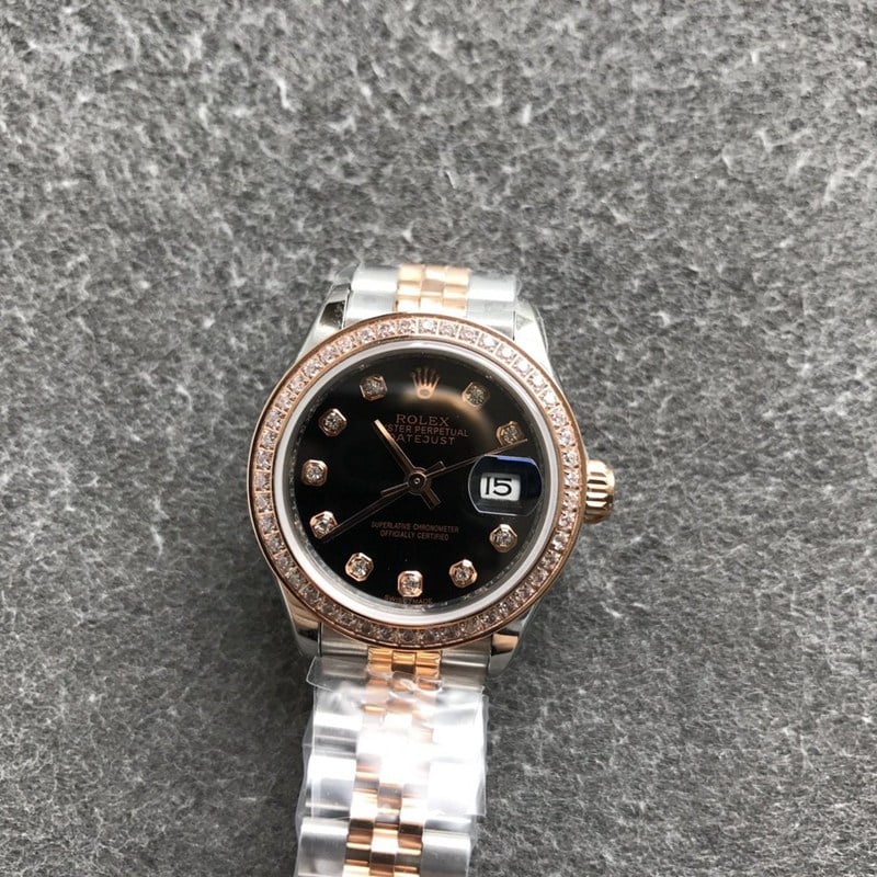 Rolex Datejust women's watch, 28mm, mechanical bezel with diamonds, rose gold case, black dial, front view
