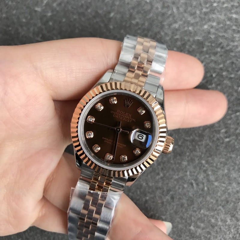 Rolex Datejust ladies watch 28mm mechanical tiger tooth bezel rose gold coffee dial diamond hour markers front view