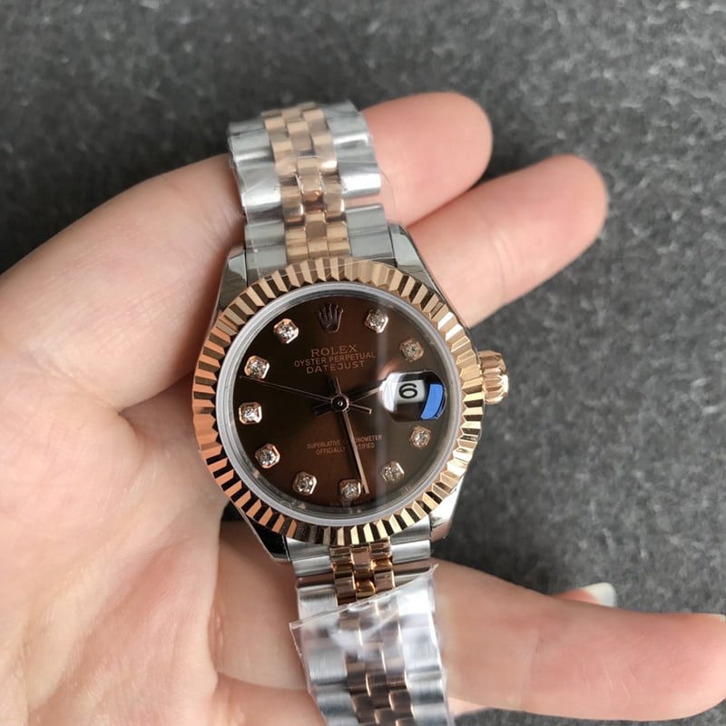 Rolex Datejust ladies watch 28mm mechanical tiger tooth bezel rose gold coffee dial diamond hour markers front view