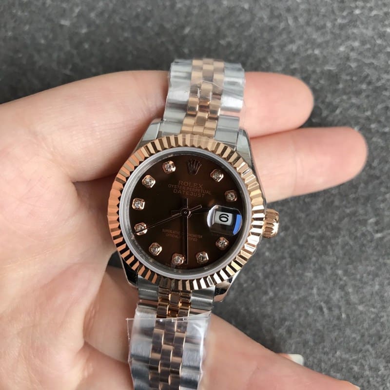 Rolex Datejust ladies watch 28mm mechanical tiger tooth bezel rose gold coffee dial diamond hour markers front view