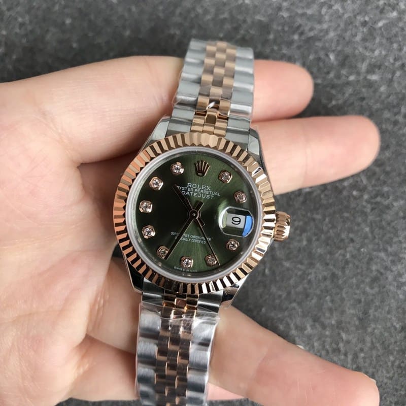 Rolex Ladies' Watch - 28mm President Model, Tiger Tooth Bezel, Rose Gold, Green Dial, Diamond Markers, Front View