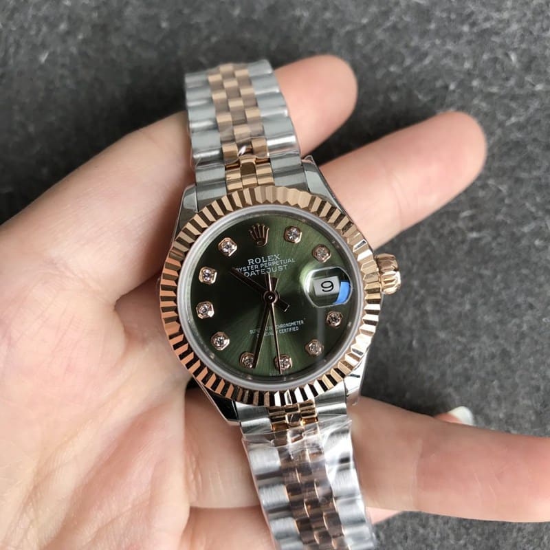 Rolex Ladies' Watch - 28mm President Model, Tiger Tooth Bezel, Rose Gold, Green Dial, Diamond Markers, Front View