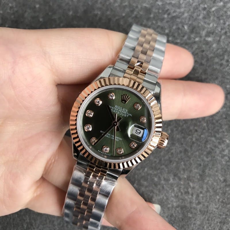 Rolex Ladies' Watch - 28mm President Model, Tiger Tooth Bezel, Rose Gold, Green Dial, Diamond Markers, Front View