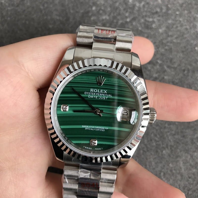 Rolex Datejust 36mm malachite green dial men's mechanical watch diamond hour markers front view