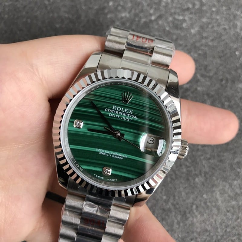 Rolex Datejust 36mm malachite green dial men's mechanical watch diamond hour markers front view