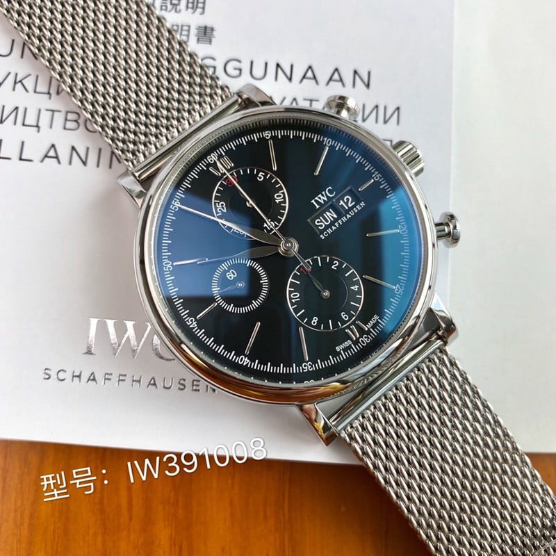 IWC Portofino Original Quality Steel Milanese Strap Swiss ETA 7750 Movement Black, White, and Blue - Front View