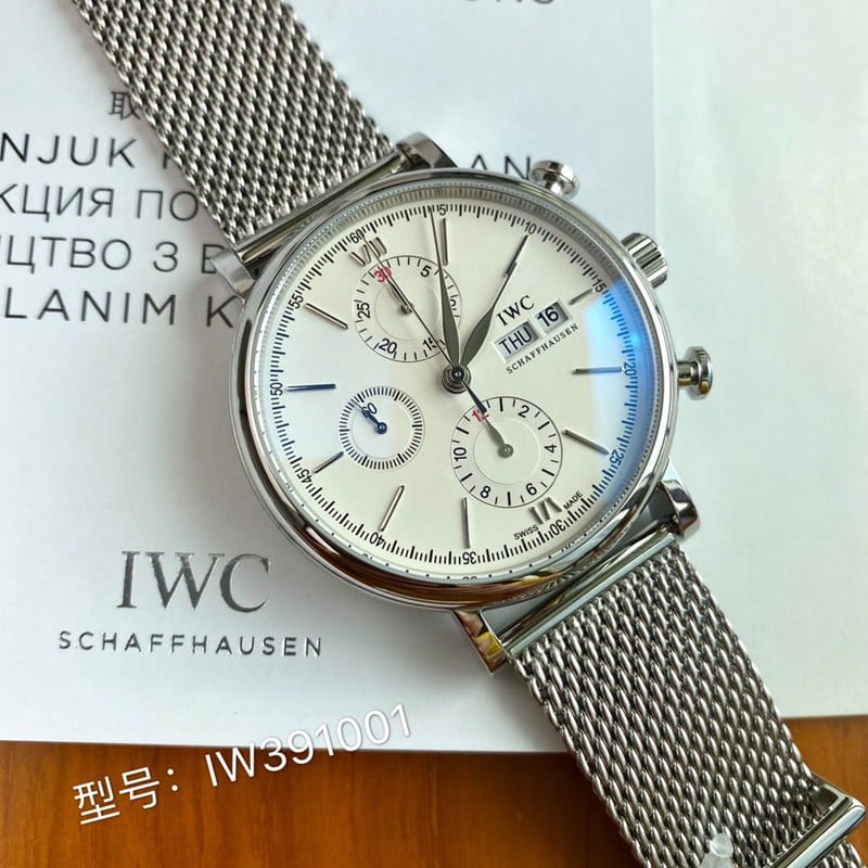 IWC Portofino Original Quality Steel Milanese Strap Swiss ETA 7750 Movement Black, White, and Blue - Front View