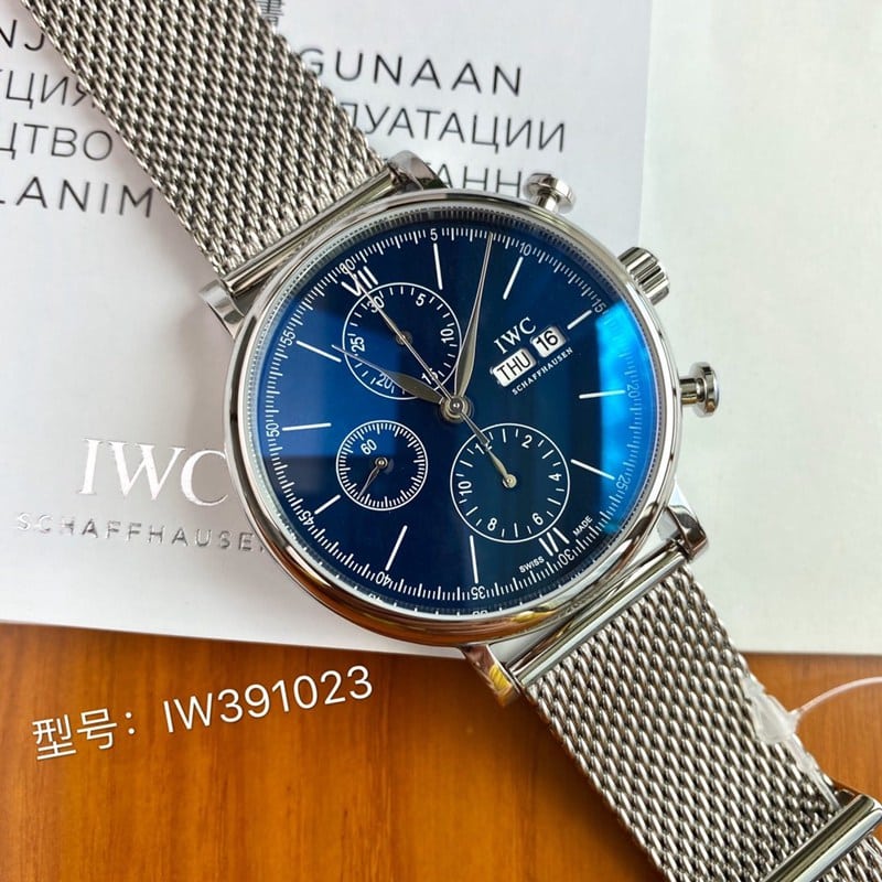IWC Portofino Original Quality Steel Milanese Strap Swiss ETA 7750 Movement Black, White, and Blue - Front View