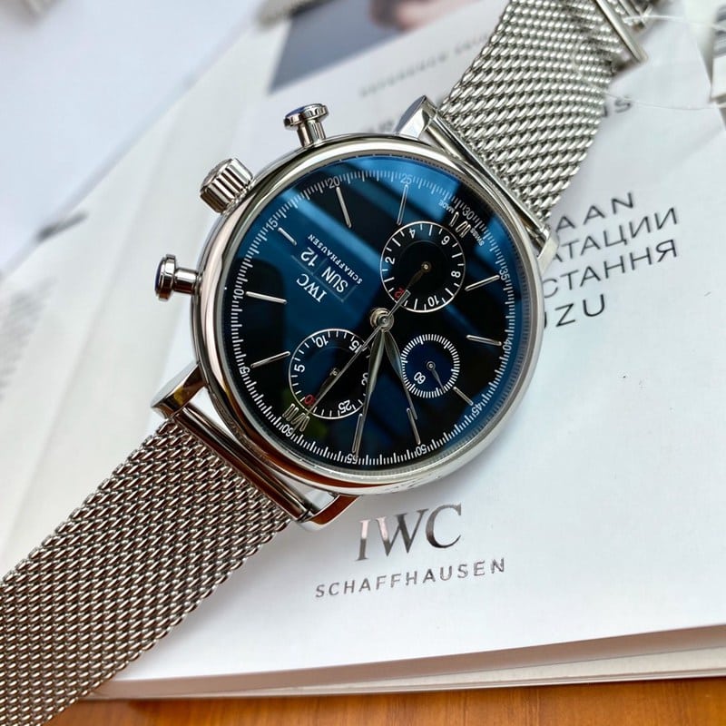 IWC Portofino Original Quality Steel Milanese Strap Swiss ETA 7750 Movement Black, White, and Blue - Front View