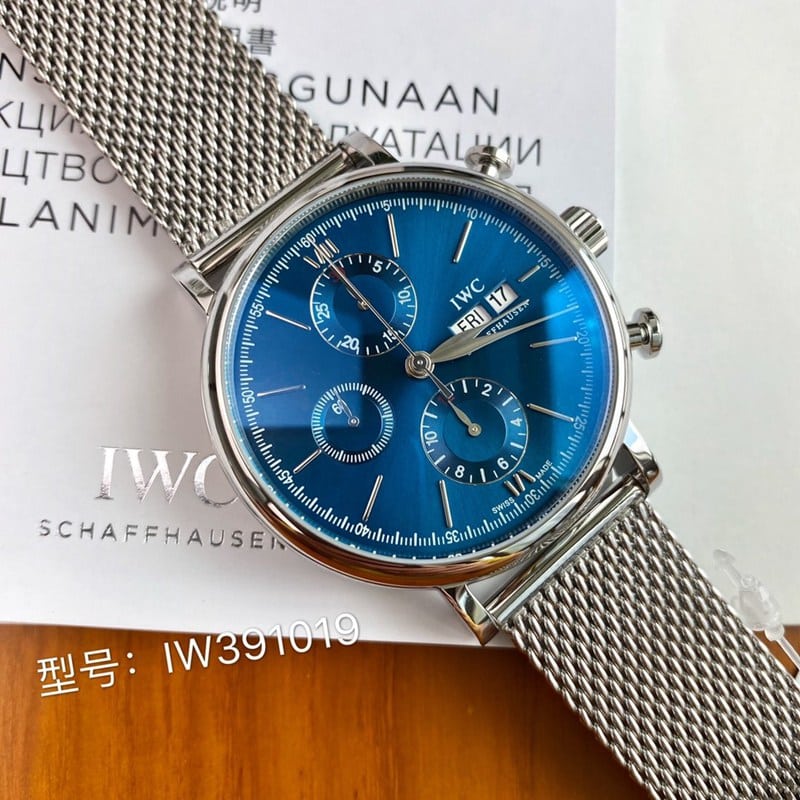 IWC Portofino Original Quality Steel Milanese Strap Swiss ETA 7750 Movement Black, White, and Blue - Front View