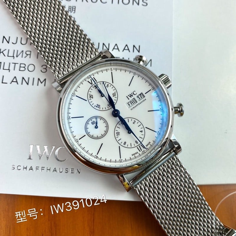 IWC Portofino Original Quality Steel Milanese Strap Swiss ETA 7750 Movement Black, White, and Blue - Front View
