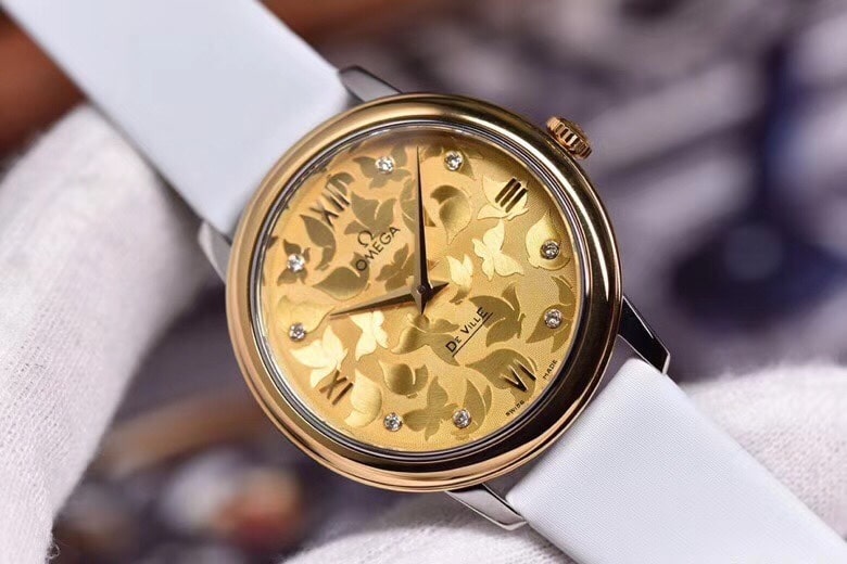 super cloneOmega women's watch De Ville series yellow gold butterfly dance 32.7mm front view