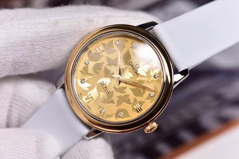 super cloneOmega women's watch De Ville series yellow gold butterfly dance 32.7mm front view