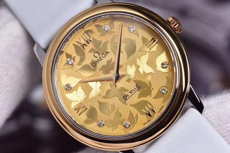 super cloneOmega women's watch De Ville series yellow gold butterfly dance 32.7mm front view