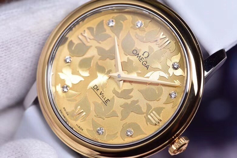 super cloneOmega women's watch De Ville series yellow gold butterfly dance 32.7mm front view