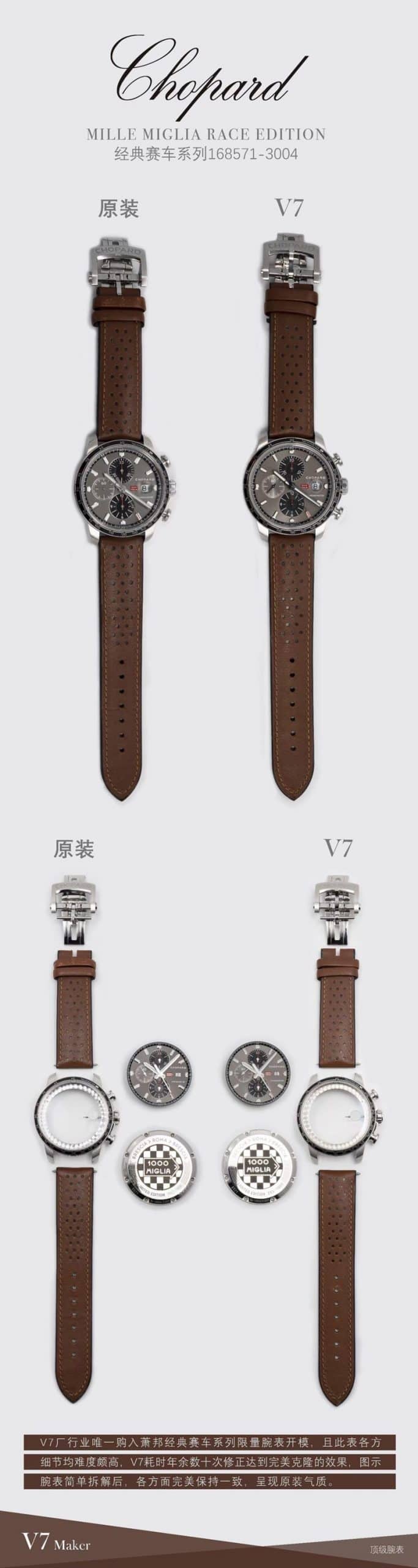 V7 Factory Chopard collectible watches Racing Series 7750 Boutique Movement True and False Comparison Review Front Comparison Picture