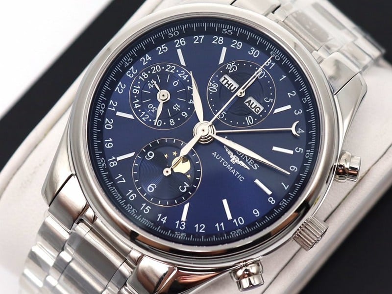 GL factory Longinesreplica watch famous eight-pin moon phase7751 blue dialsteel bracelet front view
