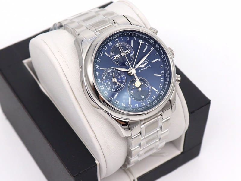 GL factory Longinesreplica watch famous eight-pin moon phase7751 blue dialsteel bracelet front view