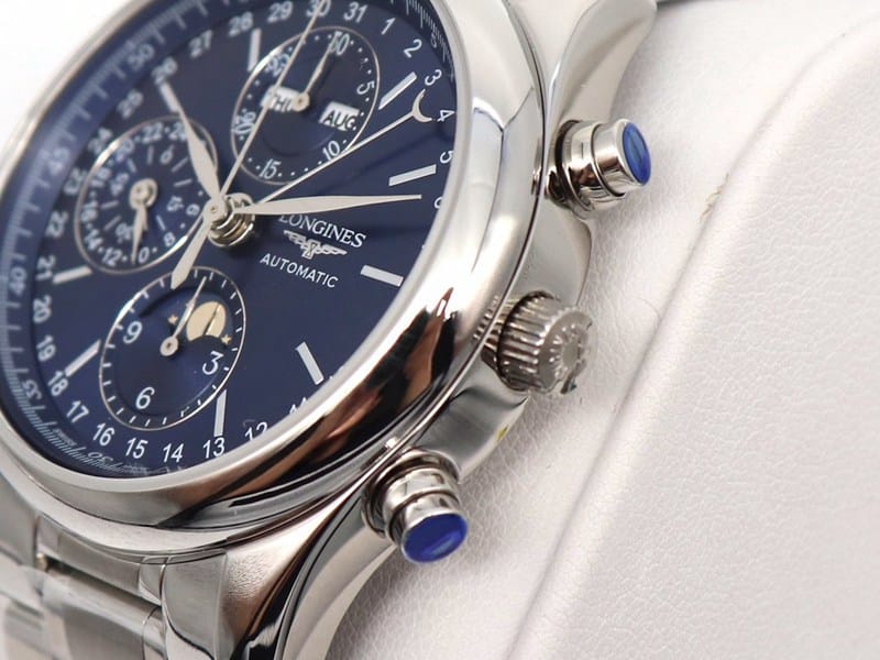 GL factory Longinesreplica watch famous eight-pin moon phase7751 blue dialsteel bracelet detail shots