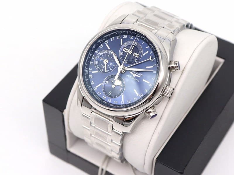 GL factory Longinesreplica watch famous eight-pin moon phase7751 blue dialsteel bracelet front view