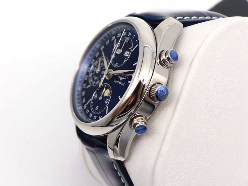 Side view of GL factory Longinessuper watch famous eight-pin moon phase7751blue dialleather strap model