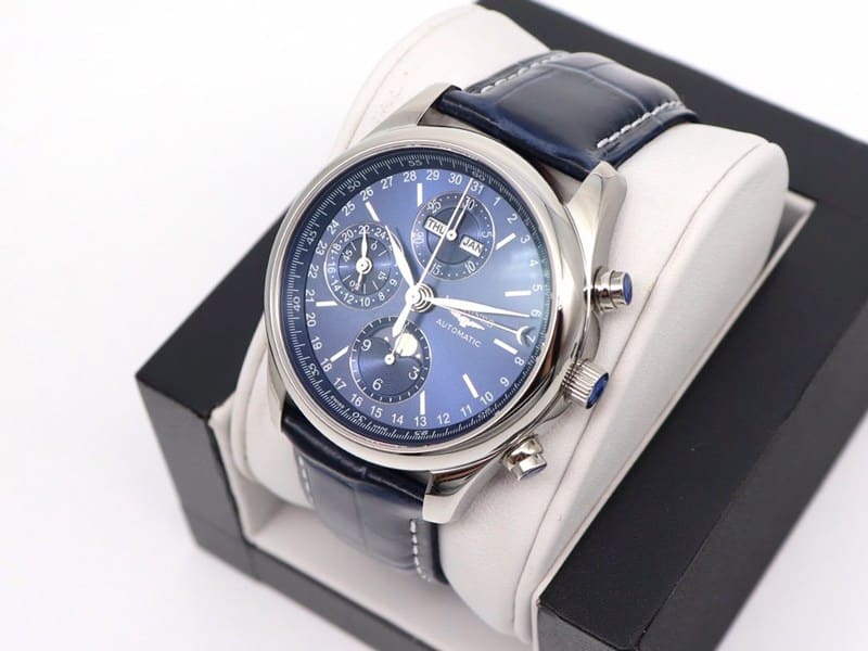 GL factory Longinessuper watch famous eight-pin moon phase7751blue dialleather strap front view