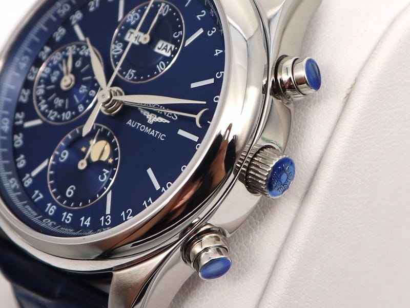 GL factory Longinessuper watch famous eight-pin moon phase7751blue dialleather strap detail shots