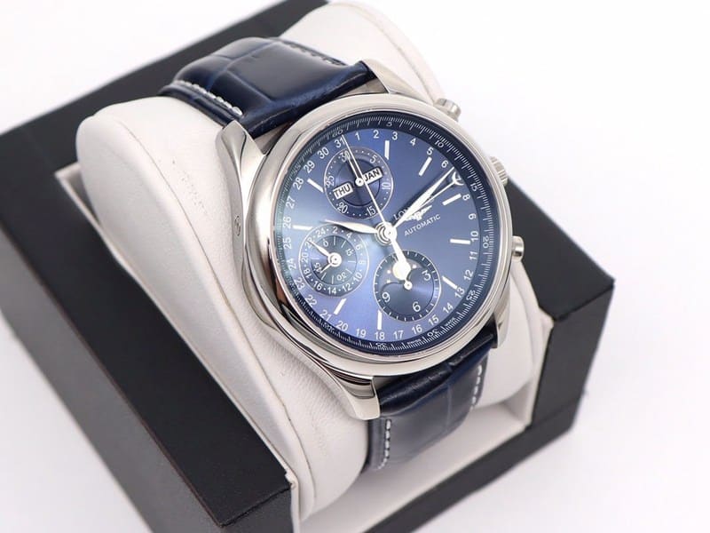 GL factory Longinessuper watch famous eight-pin moon phase7751blue dialleather strap front view