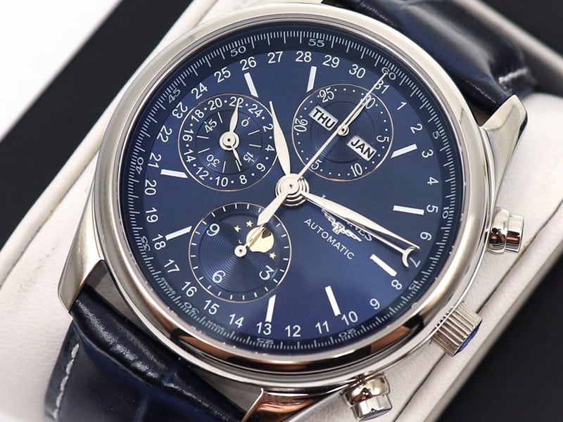 GL factory Longinessuper watch famous eight-pin moon phase7751blue dialleather strap front view