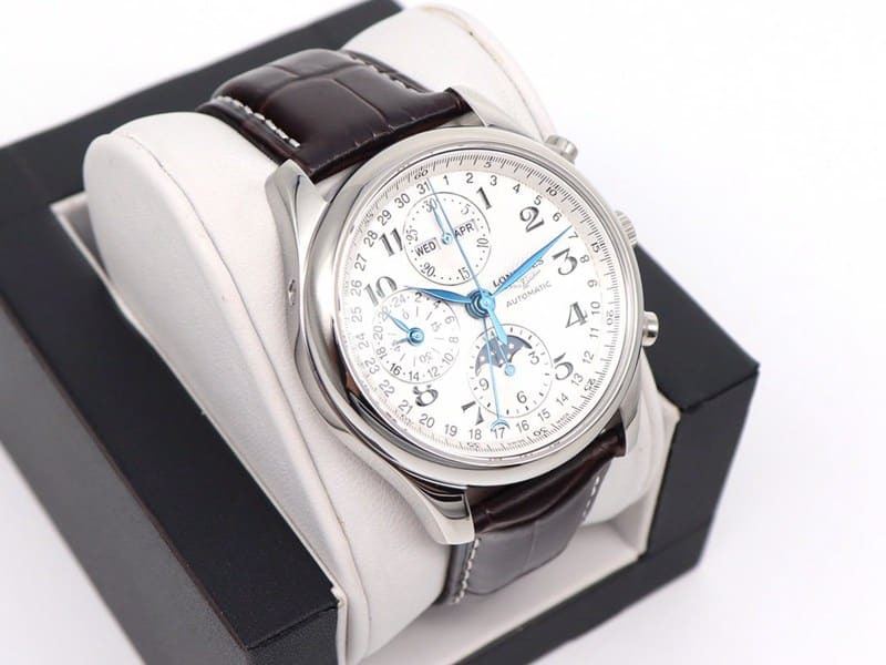 GL factory Longines high-quality watch famous eight-pin moon phase7751white dialleather strap front view
