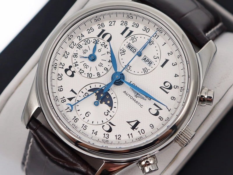 GL factory Longines high-quality watch famous eight-pin moon phase7751white dialleather strap front view