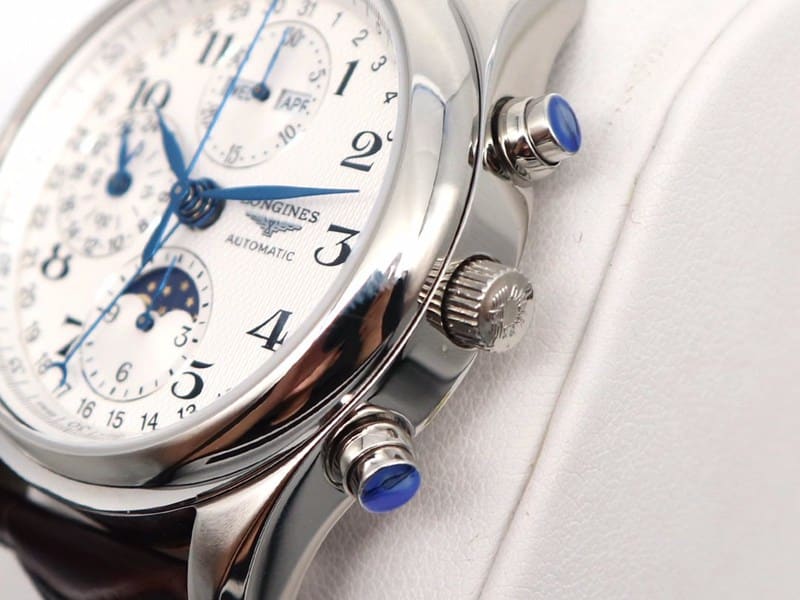 GL factory Longines high-quality watch famous eight-pin moon phase7751white dialleather strap detail shots