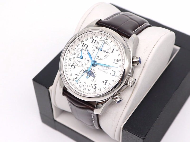 GL factory Longines high-quality watch famous eight-pin moon phase7751white dialleather strap front view