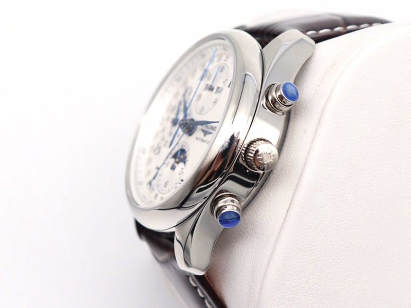 GL factory Longines high-quality watch famous eight-pin moon phase7751white dialleather strap model side view