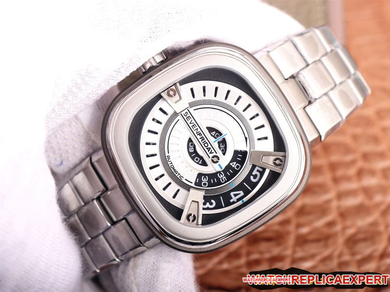 watch seven day display five SEVENFRIDAY/automatic movementmen's watch Swiss steel bracelet large dial white front view