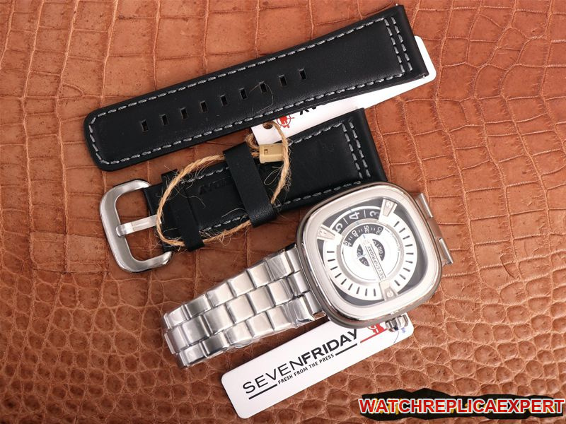 watch seven day display five SEVENFRIDAY/automatic movementmen's watch Swiss steel bracelet large dial white front view
