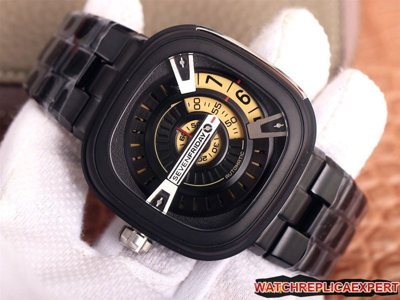 watch seven day display five SEVENFRIDAY/automatic movementmen's watch Swiss steel bracelet large dial all black front view