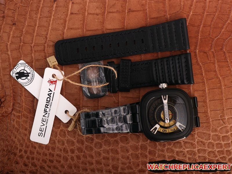 watch seven day display five SEVENFRIDAY/automatic movementmen's watch Swiss steel bracelet large dial all black front view