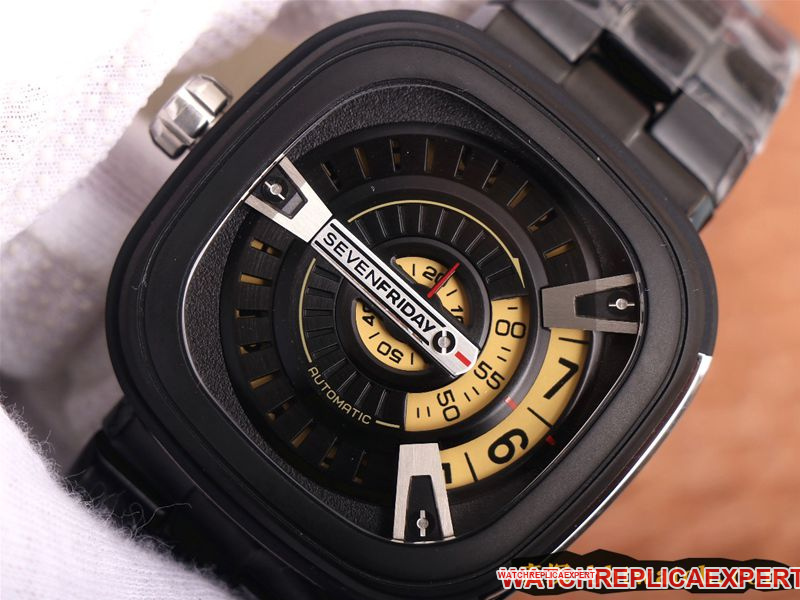 watch seven day display five SEVENFRIDAY/automatic movementmen's watch Swiss steel bracelet large dial all black front view
