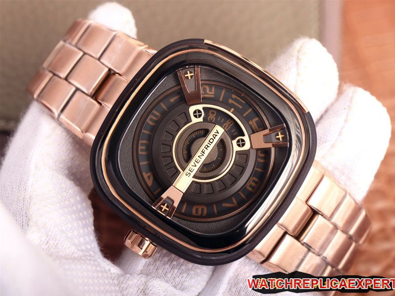 Seven day display five watch SEVENFRIDAY/automatic movementmen's watch Swiss steel bracelet large dialrose gold color front view