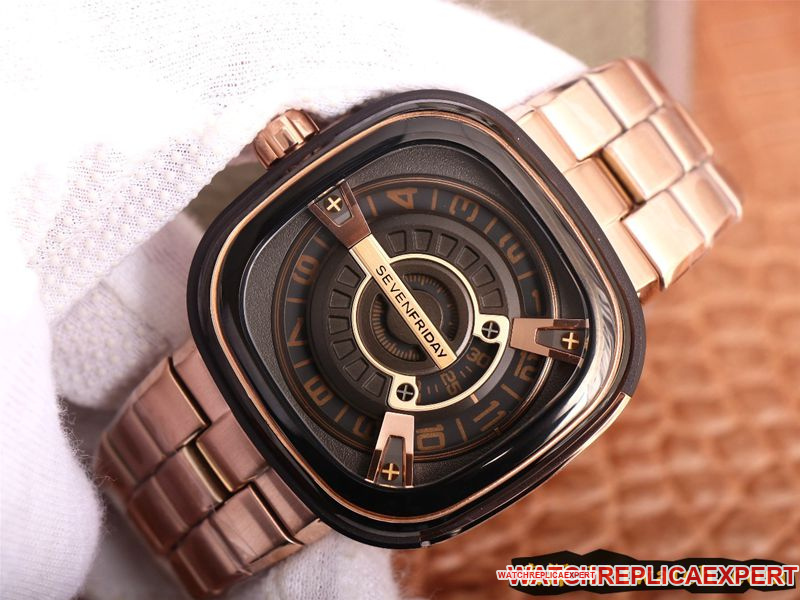 Seven day display five watch SEVENFRIDAY/automatic movementmen's watch Swiss steel bracelet large dialrose gold color front view
