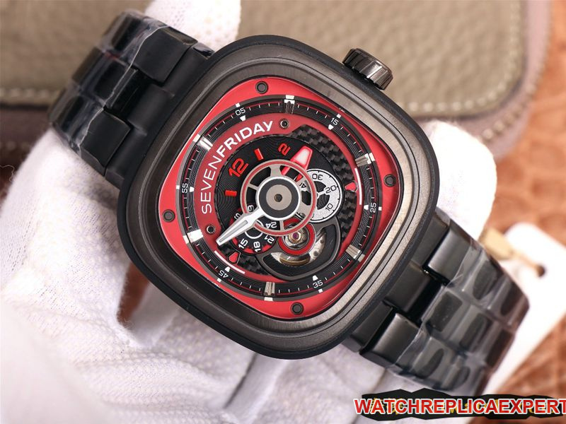 watch seven day display five red and black colors lead the trend SEVENFRIDAY/automatic movementmen's watch Swiss steel bracelet large dial all black front view