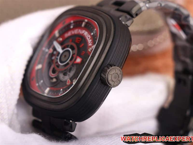 watch seven day display five red and black colors lead the trend SEVENFRIDAY/automatic movementmen's watch Swiss steel bracelet large dial all black side view