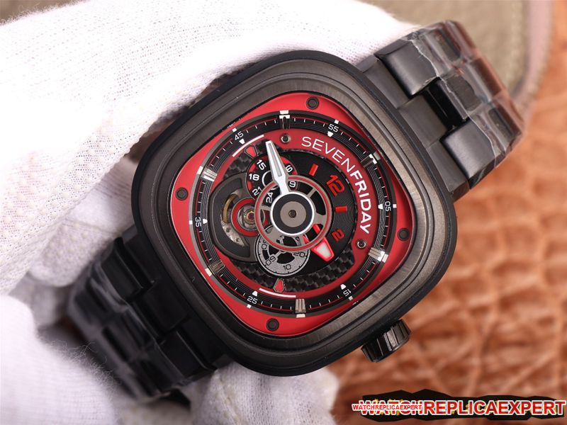 watch seven day display five red and black colors lead the trend SEVENFRIDAY/automatic movementmen's watch Swiss steel bracelet large dial all black front view