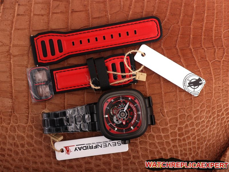 watch seven day display five red and black colors lead the trend SEVENFRIDAY/automatic movementmen's watch Swiss steel bracelet large dial all black front view