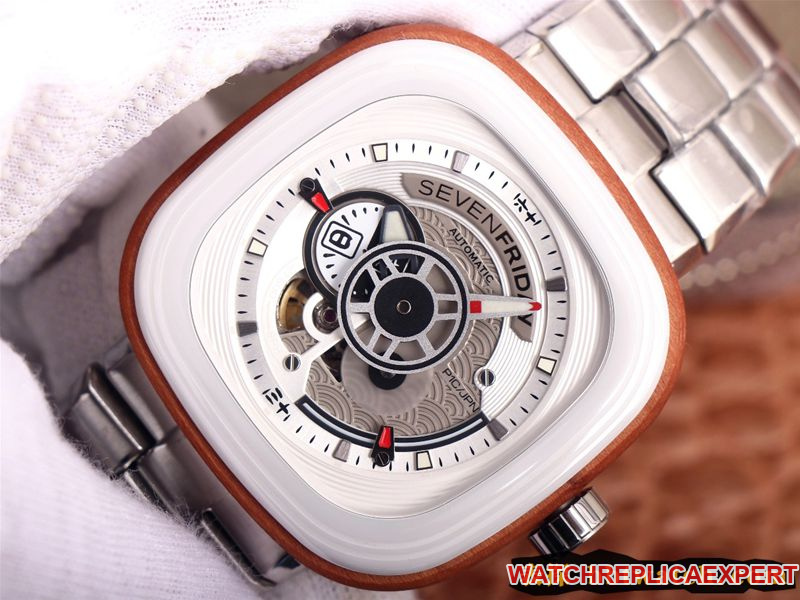seven day display five watch SEVENFRIDAY/automatic movementmen's watch Swiss steel bracelet large dial white front view