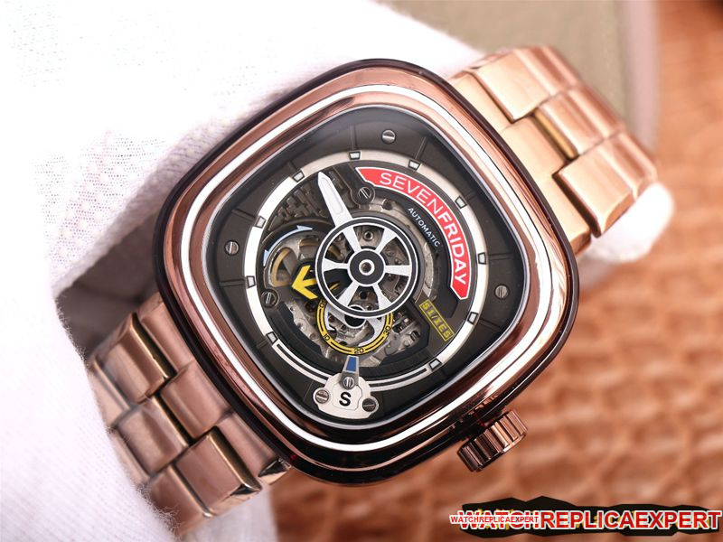 Seven day display five watch rose goldblack dial SEVENFRIDAY/automatic movementmen's watch Swiss steel bracelet large dial hollow front view
