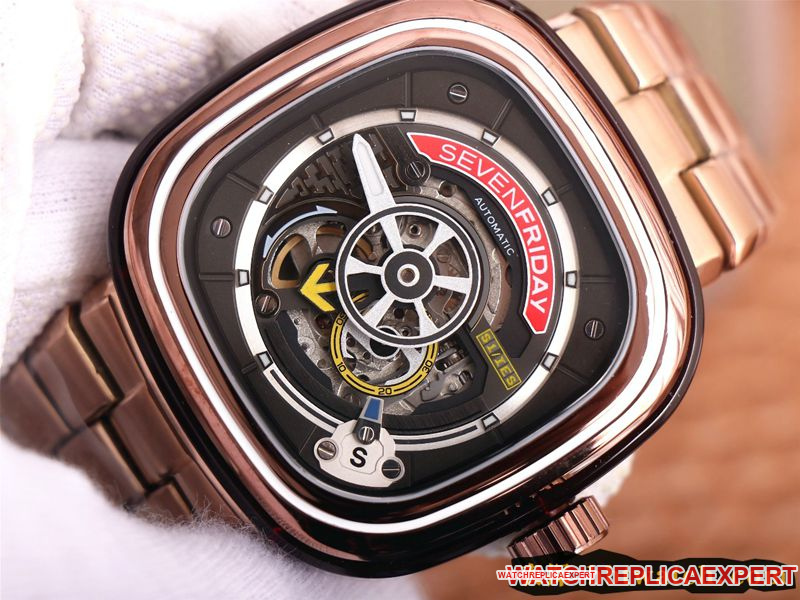 Seven day display five watch rose goldblack dial SEVENFRIDAY/automatic movementmen's watch Swiss steel bracelet large dial hollow front view