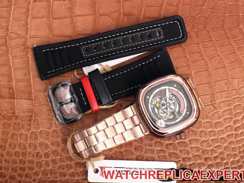 Seven day display five watch rose goldblack dial SEVENFRIDAY/automatic movementmen's watch Swiss steel bracelet large dial hollow front view