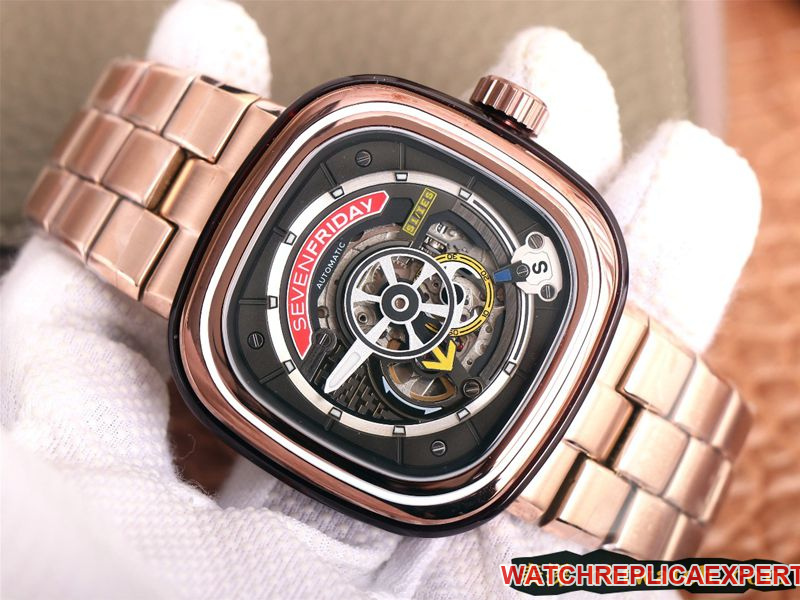 Seven day display five watch rose goldblack dial SEVENFRIDAY/automatic movementmen's watch Swiss steel bracelet large dial hollow front view